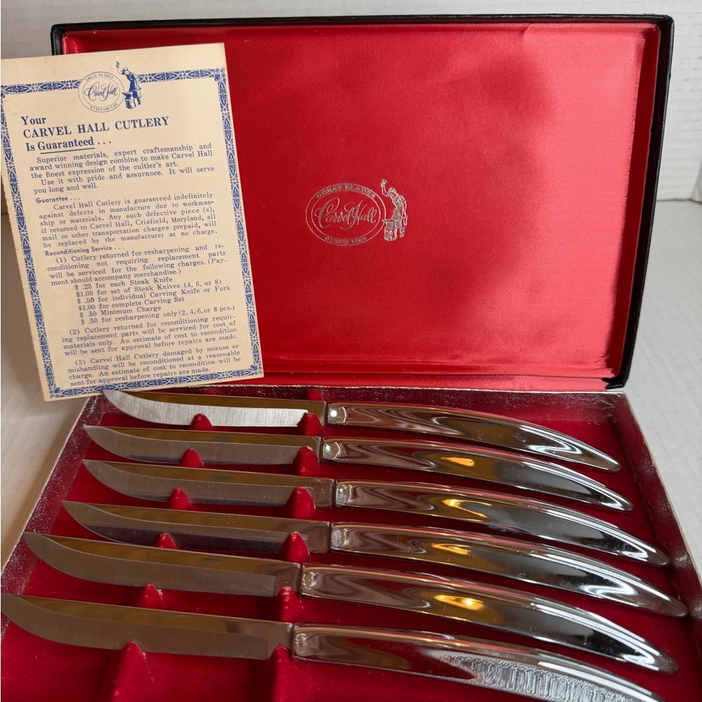 Set Of 6 Carvel Hall Stainless Steel Steak Knives/Orig Box Vintage